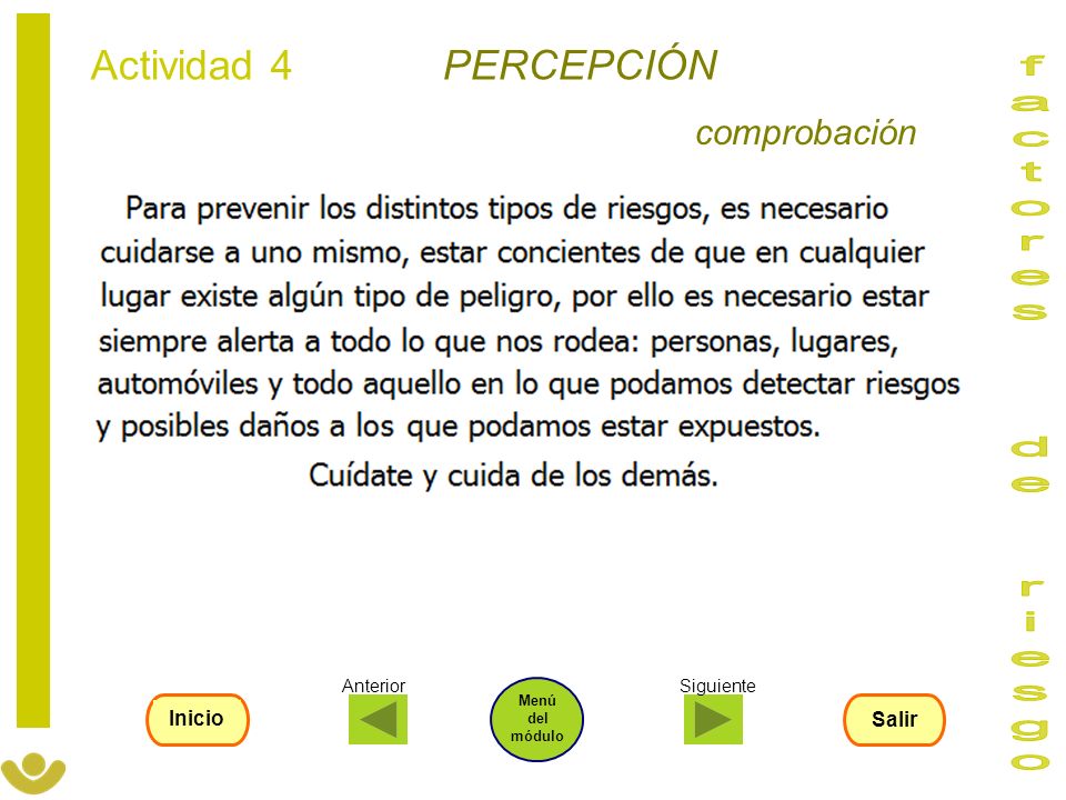 factores de riesgo Actividad 4 PERCEPCIÓN comprobación Inicio Salir