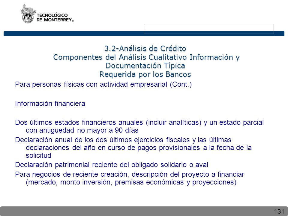 3.2-Análisis de Crédito Componentes del Análisis Cualitativo Información y Documentación Típica Requerida por los Bancos