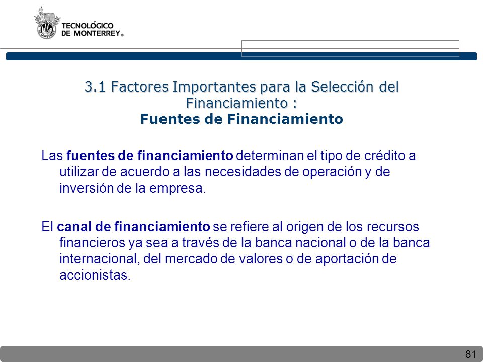 3.1 Factores Importantes para la Selección del Financiamiento : Fuentes de Financiamiento