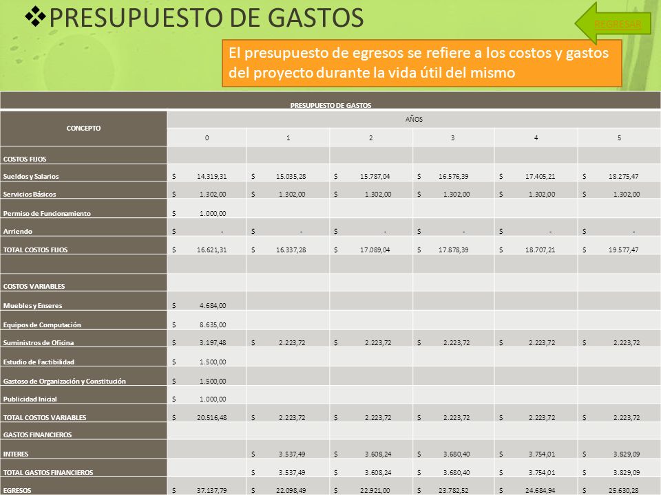 PRESUPUESTO DE GASTOS REGRESAR. El presupuesto de egresos se refiere a los costos y gastos del proyecto durante la vida útil del mismo.