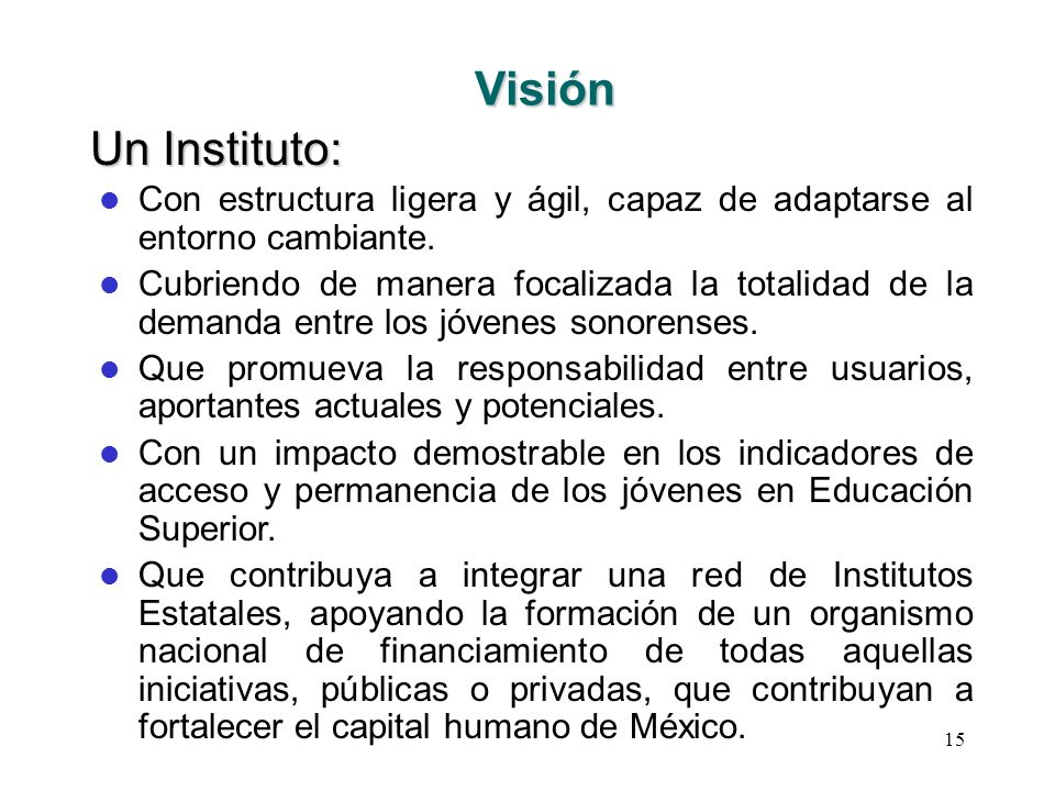 Visión Un Instituto: Con estructura ligera y ágil, capaz de adaptarse al entorno cambiante.