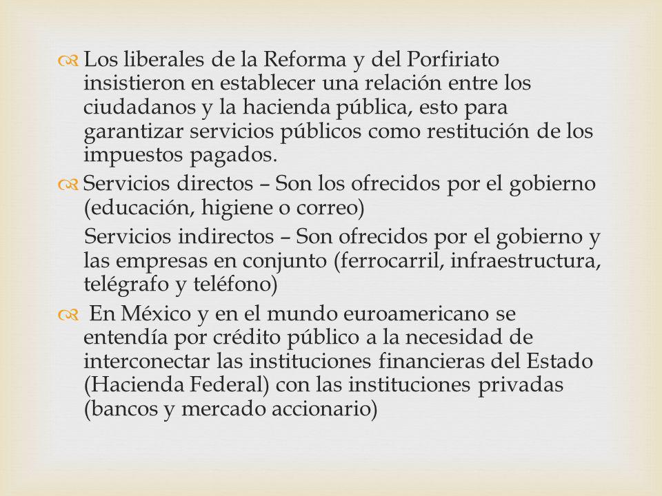 Los liberales de la Reforma y del Porfiriato insistieron en establecer una relación entre los ciudadanos y la hacienda pública, esto para garantizar servicios públicos como restitución de los impuestos pagados.