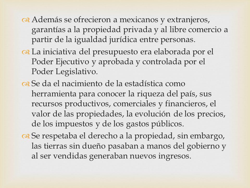 Además se ofrecieron a mexicanos y extranjeros, garantías a la propiedad privada y al libre comercio a partir de la igualdad jurídica entre personas.