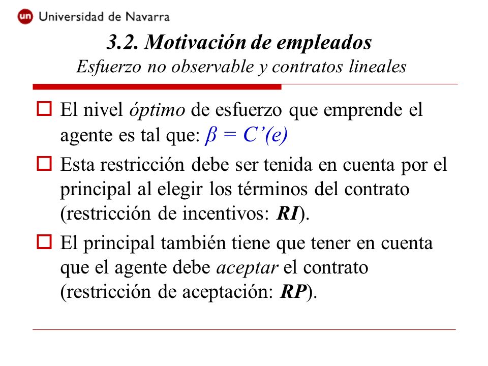 3.2. Motivación de empleados Esfuerzo no observable y contratos lineales