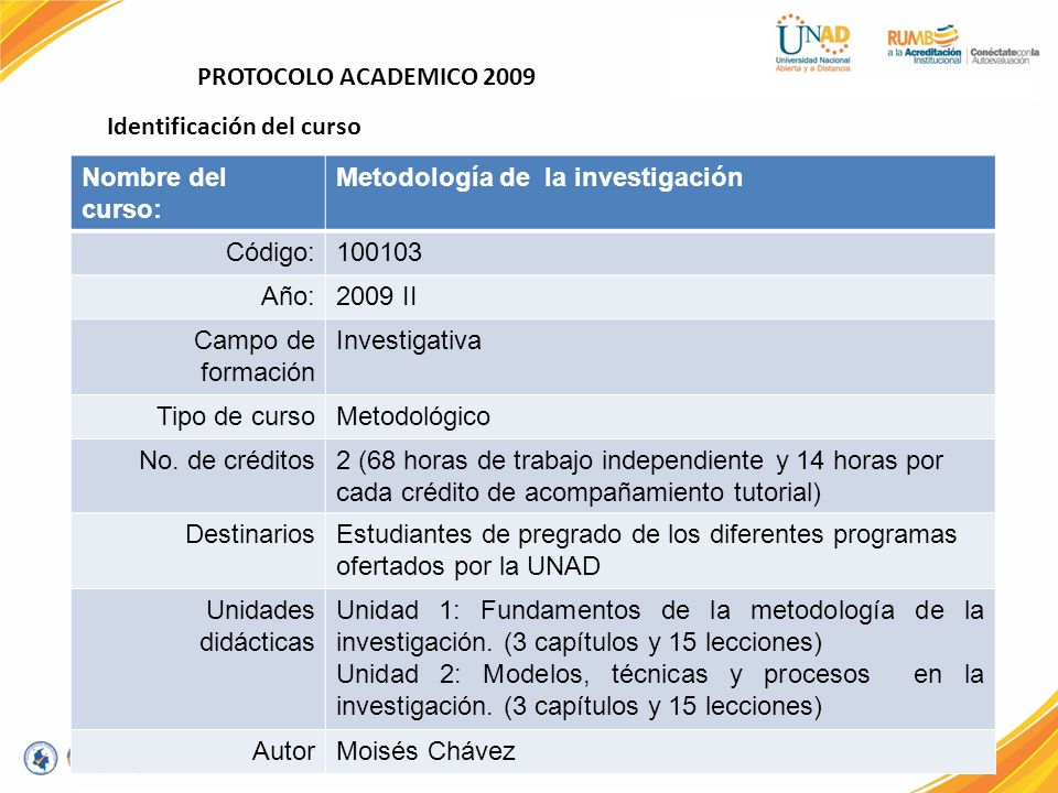 PROTOCOLO ACADEMICO 2009 Identificación del curso. Nombre del curso: Metodología de la investigación.