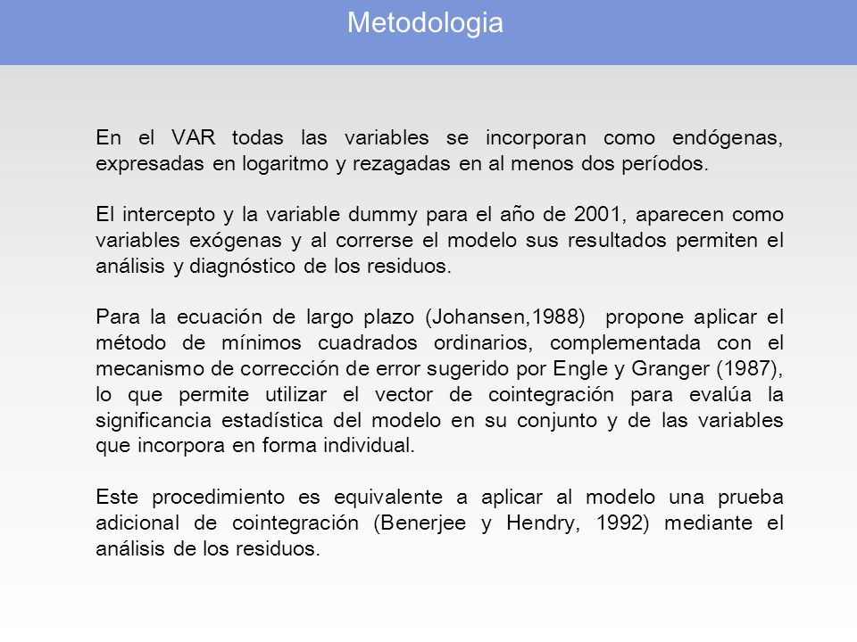 Metodologia En el VAR todas las variables se incorporan como endógenas, expresadas en logaritmo y rezagadas en al menos dos períodos.