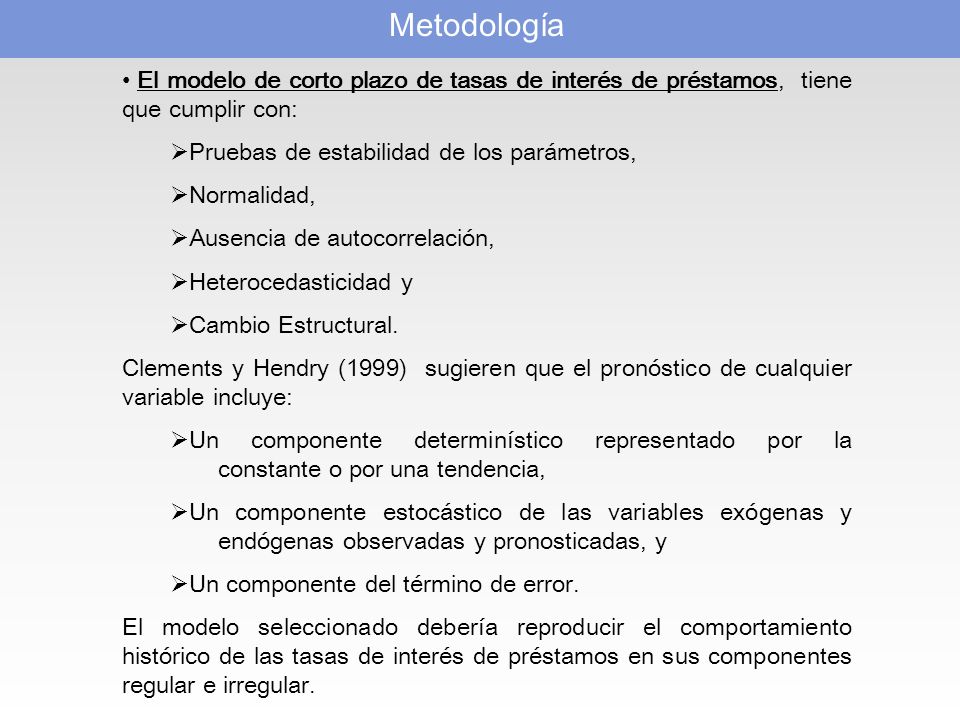 Metodología El modelo de corto plazo de tasas de interés de préstamos, tiene que cumplir con: Pruebas de estabilidad de los parámetros,