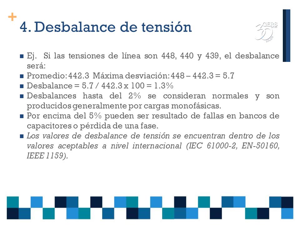 4. Desbalance de tensión Ej. Si las tensiones de línea son 448, 440 y 439, el desbalance será: