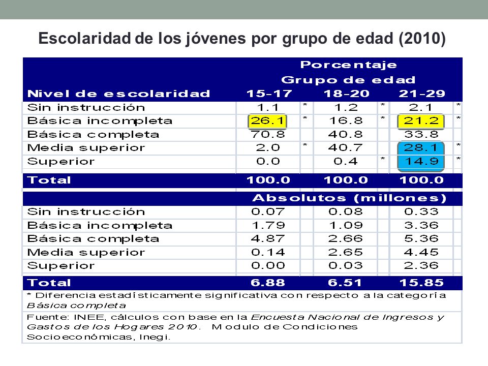 Escolaridad de los jóvenes por grupo de edad (2010)