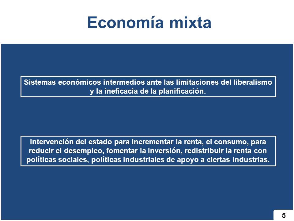 Economía mixta Sistemas económicos intermedios ante las limitaciones del liberalismo y la ineficacia de la planificación.