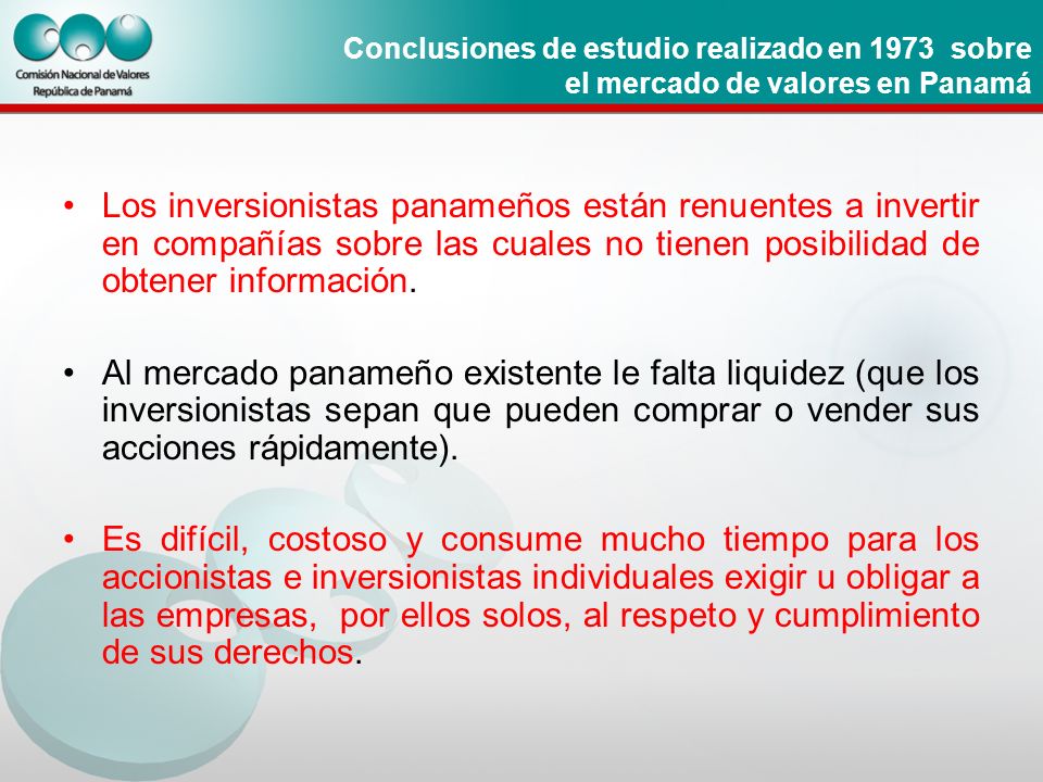 Conclusiones de estudio realizado en 1973 sobre el mercado de valores en Panamá
