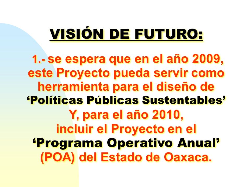 VISIÓN DE FUTURO: Y, para el año 2010, incluir el Proyecto en el
