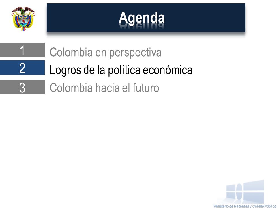 Agenda 1 Colombia en perspectiva Logros de la política económica Colombia hacia el futuro 2 3