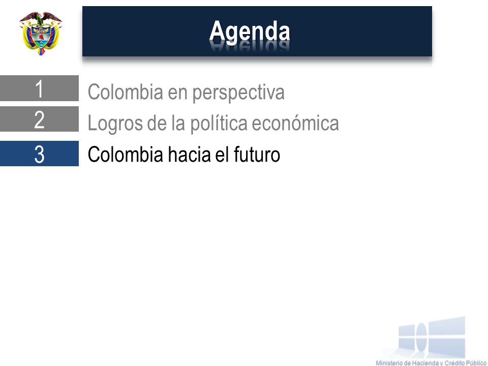 Agenda 1 Colombia en perspectiva Logros de la política económica Colombia hacia el futuro 2 3