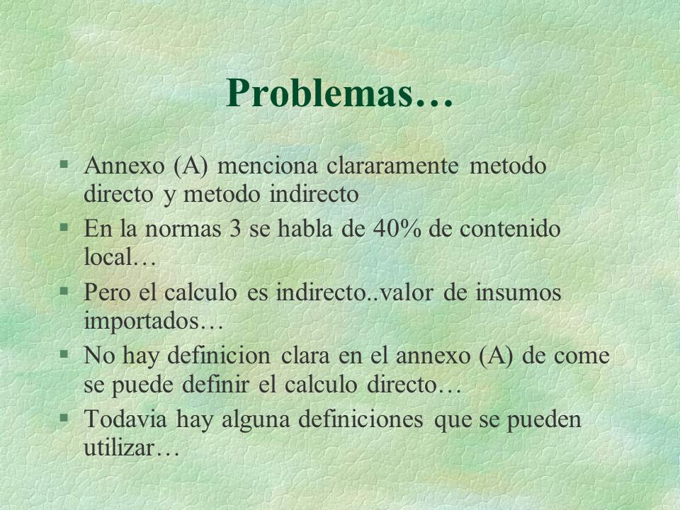 Problemas… Annexo (A) menciona clararamente metodo directo y metodo indirecto. En la normas 3 se habla de 40% de contenido local…