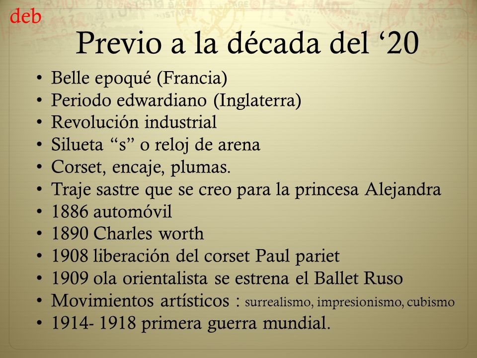 Previo a la década del ‘20 deb Belle epoqué (Francia)