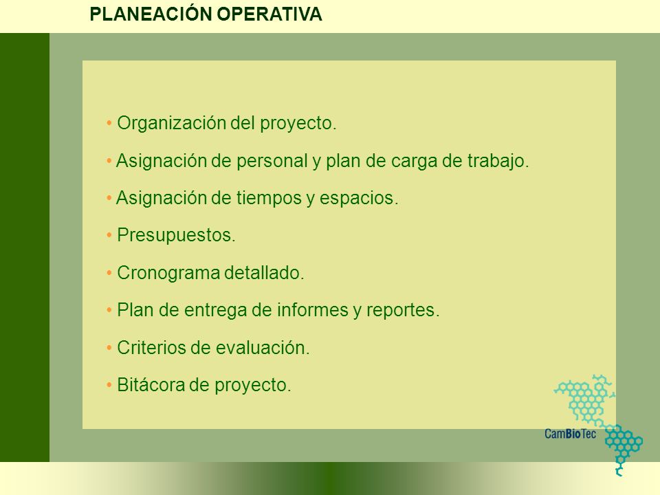 PLANEACIÓN OPERATIVA Organización del proyecto. Asignación de personal y plan de carga de trabajo.