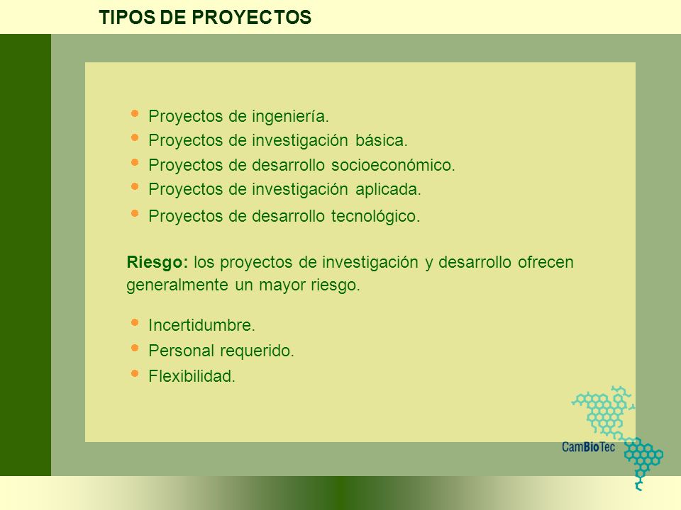 TIPOS DE PROYECTOS Proyectos de ingeniería.