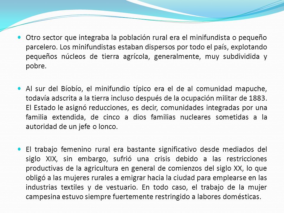 Otro sector que integraba la población rural era el minifundista o pequeño parcelero. Los minifundistas estaban dispersos por todo el país, explotando pequeños núcleos de tierra agrícola, generalmente, muy subdividida y pobre.