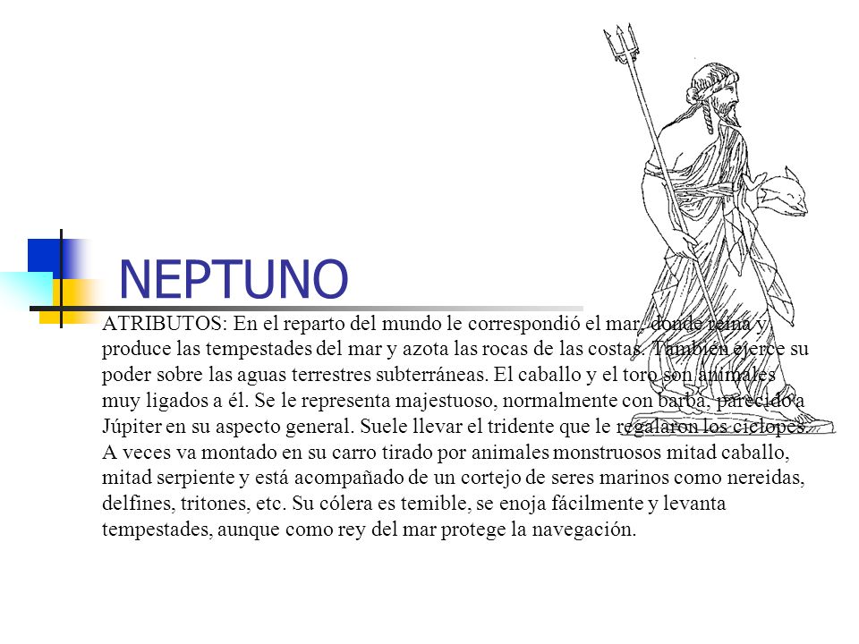 NEPTUNO ATRIBUTOS: En el reparto del mundo le correspondió el mar, donde reina y produce las tempestades del mar y azota las rocas de las costas.