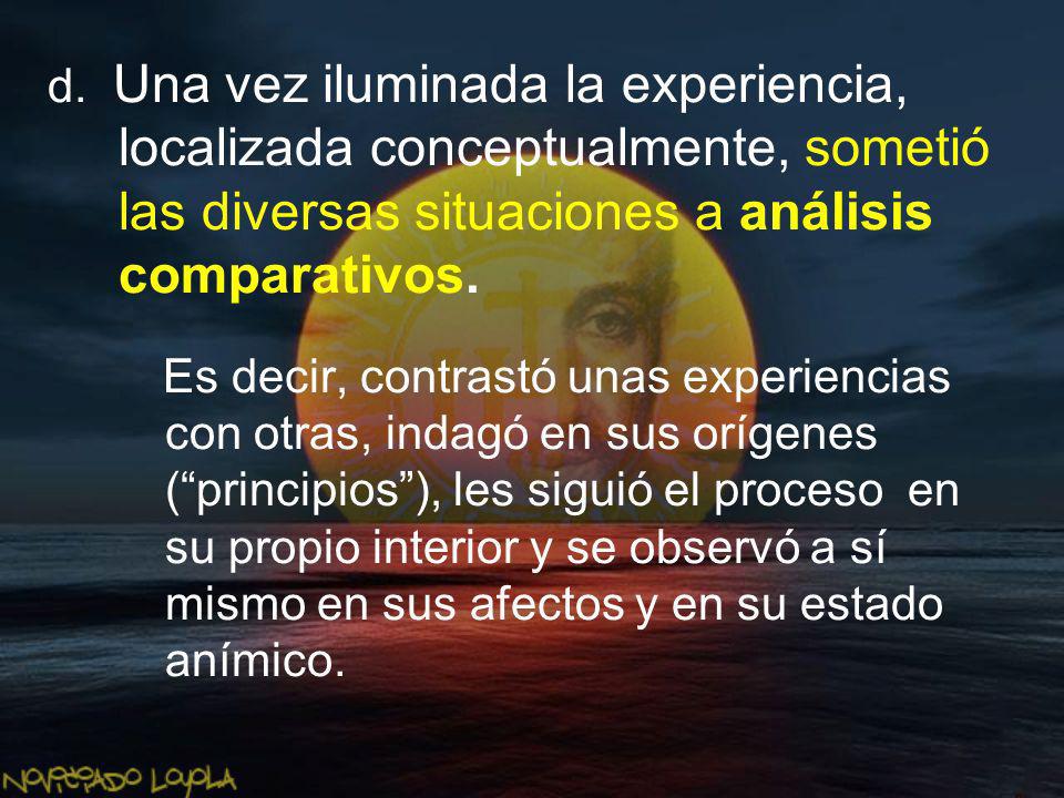 d. Una vez iluminada la experiencia, localizada conceptualmente, sometió las diversas situaciones a análisis comparativos.