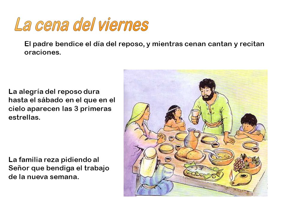 La cena del viernes El padre bendice el día del reposo, y mientras cenan cantan y recitan oraciones.