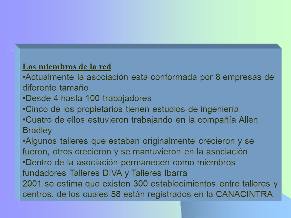 Los miembros de la red Actualmente la asociación esta conformada por 8 empresas de diferente tamaño.