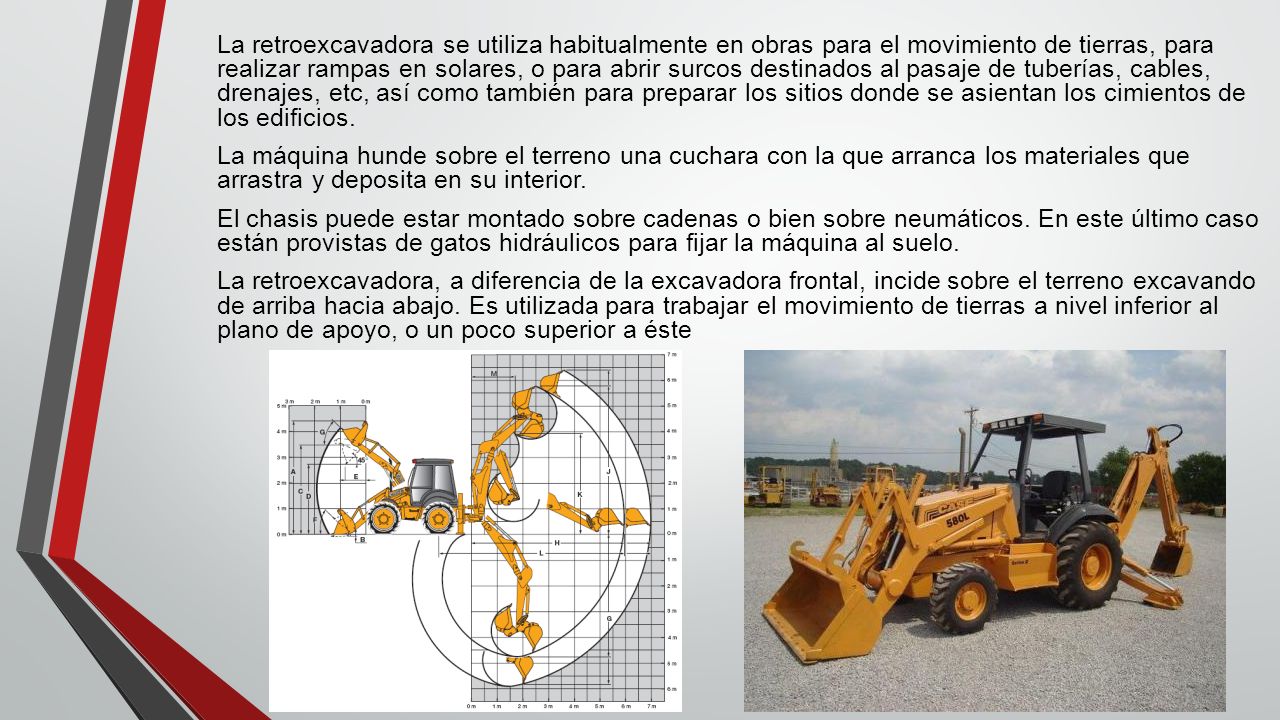La retroexcavadora se utiliza habitualmente en obras para el movimiento de tierras, para realizar rampas en solares, o para abrir surcos destinados al pasaje de tuberías, cables, drenajes, etc, así como también para preparar los sitios donde se asientan los cimientos de los edificios.