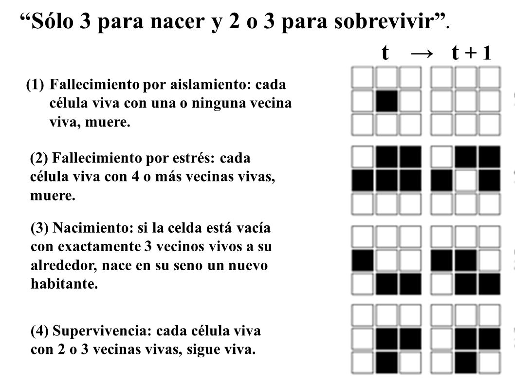 Sólo 3 para nacer y 2 o 3 para sobrevivir . t → t + 1