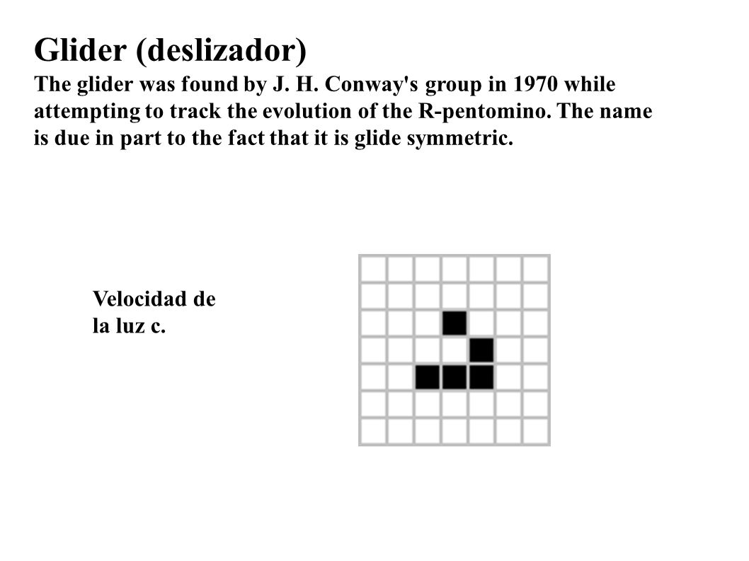 Glider (deslizador) The glider was found by J. H. Conway s group in 1970 while. attempting to track the evolution of the R-pentomino. The name.