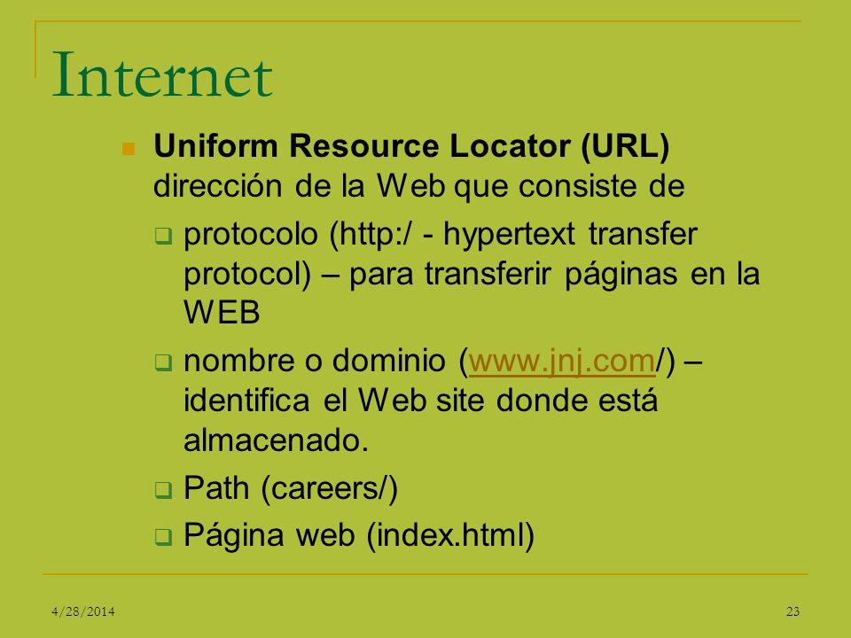 Internet Uniform Resource Locator (URL) dirección de la Web que consiste de.