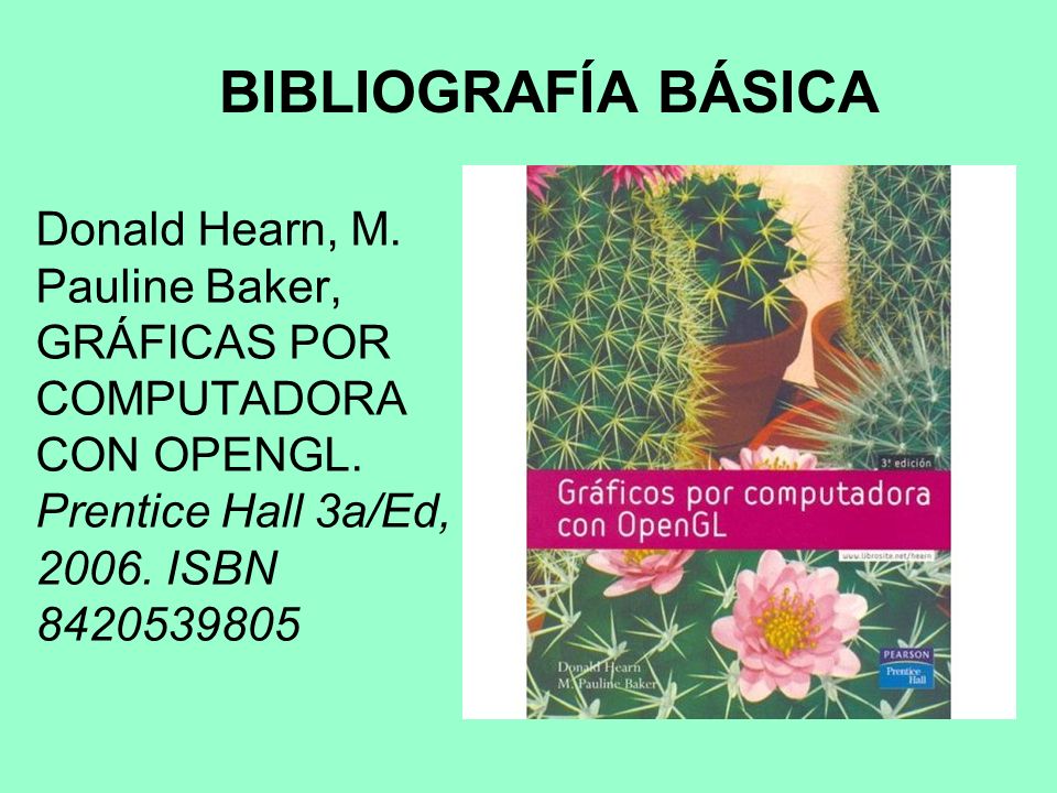 BIBLIOGRAFÍA BÁSICA Donald Hearn, M. Pauline Baker, GRÁFICAS POR COMPUTADORA CON OPENGL.