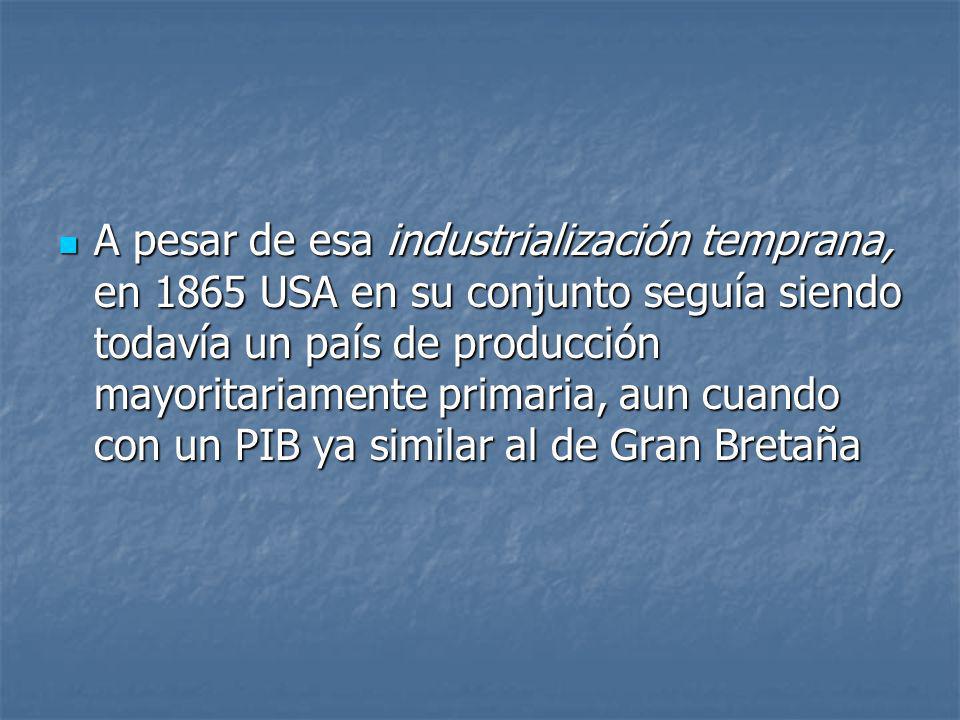 A pesar de esa industrialización temprana, en 1865 USA en su conjunto seguía siendo todavía un país de producción mayoritariamente primaria, aun cuando con un PIB ya similar al de Gran Bretaña
