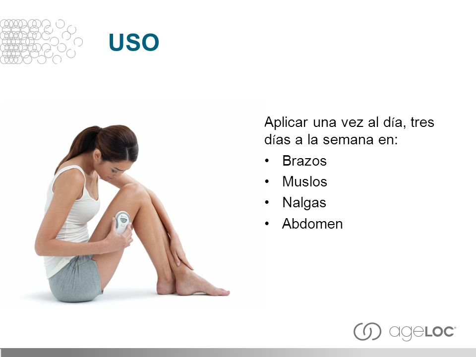 USO Aplicar una vez al día, tres días a la semana en: Brazos Muslos