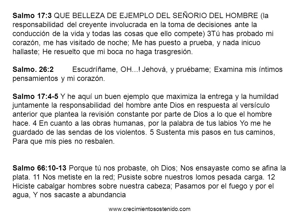 Salmo 17:3 QUE BELLEZA DE EJEMPLO DEL SEÑORIO DEL HOMBRE (la responsabilidad del creyente involucrada en la toma de decisiones ante la conducción de la vida y todas las cosas que ello compete) 3Tú has probado mi corazón, me has visitado de noche; Me has puesto a prueba, y nada inicuo hallaste; He resuelto que mi boca no haga trasgresión.