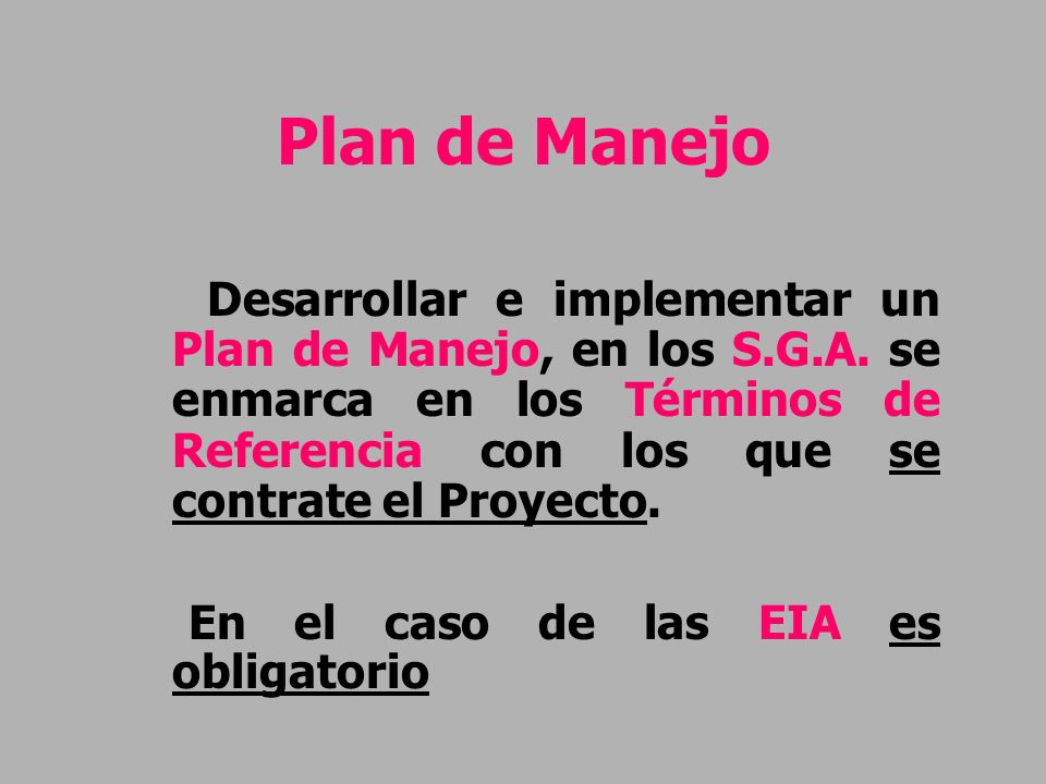 Plan de Manejo En el caso de las EIA es obligatorio