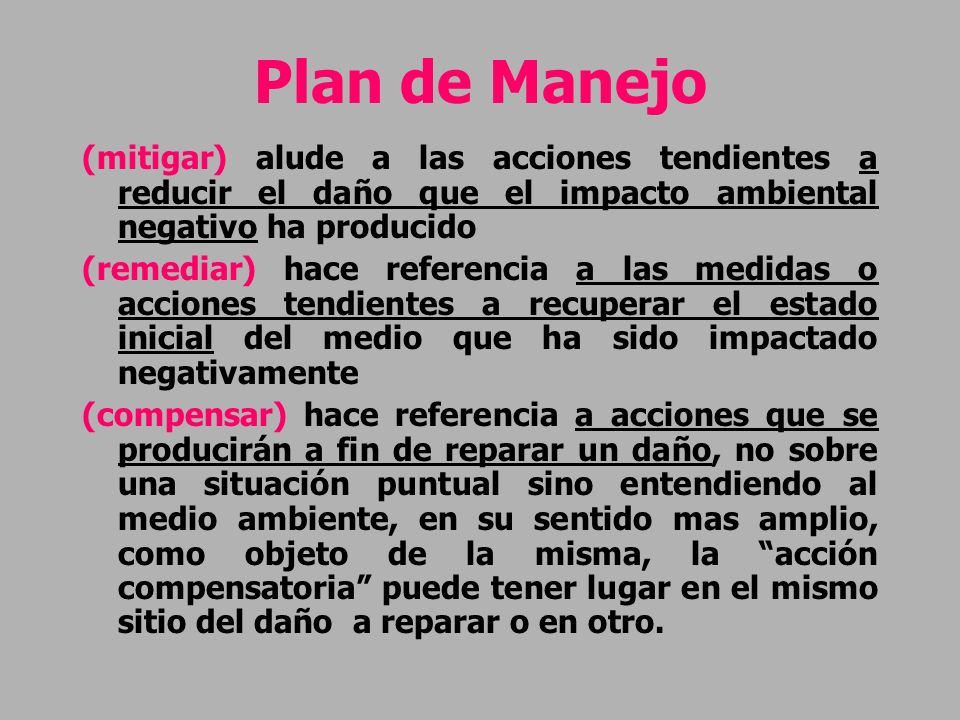 Plan de Manejo (mitigar) alude a las acciones tendientes a reducir el daño que el impacto ambiental negativo ha producido.