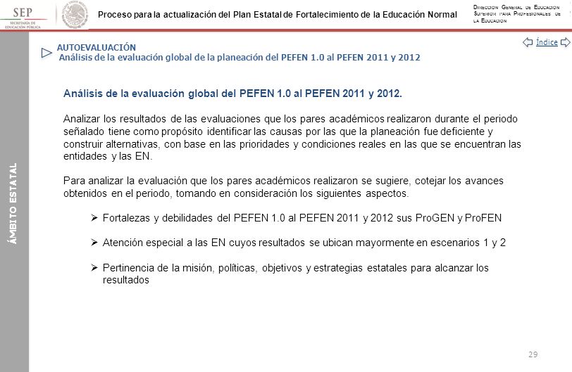 Análisis de la evaluación global del PEFEN 1.0 al PEFEN 2011 y