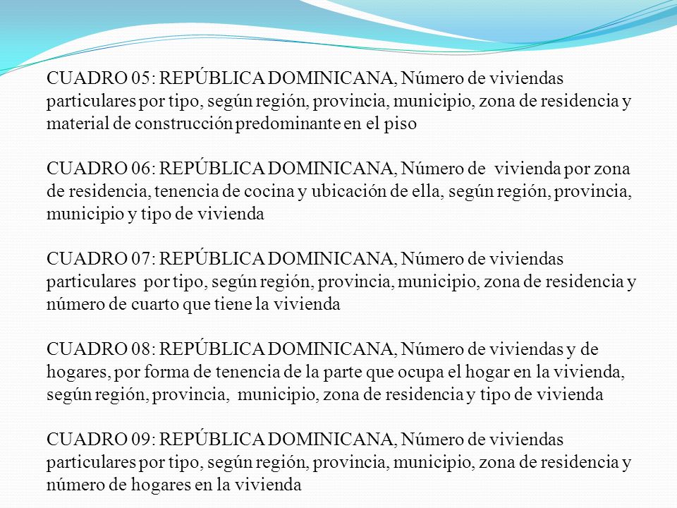 CUADRO 05: REPÚBLICA DOMINICANA, Número de viviendas particulares por tipo, según región, provincia, municipio, zona de residencia y material de construcción predominante en el piso