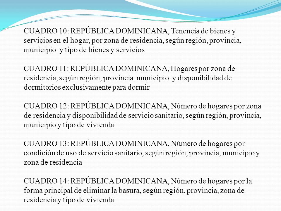 CUADRO 10: REPÚBLICA DOMINICANA, Tenencia de bienes y servicios en el hogar, por zona de residencia, según región, provincia, municipio y tipo de bienes y servicios