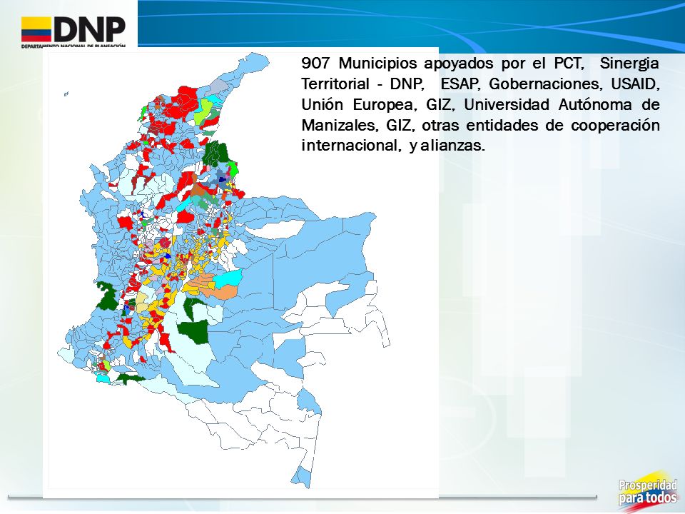 907 Municipios apoyados por el PCT, Sinergia Territorial - DNP, ESAP, Gobernaciones, USAID, Unión Europea, GIZ, Universidad Autónoma de Manizales, GIZ, otras entidades de cooperación internacional, y alianzas.