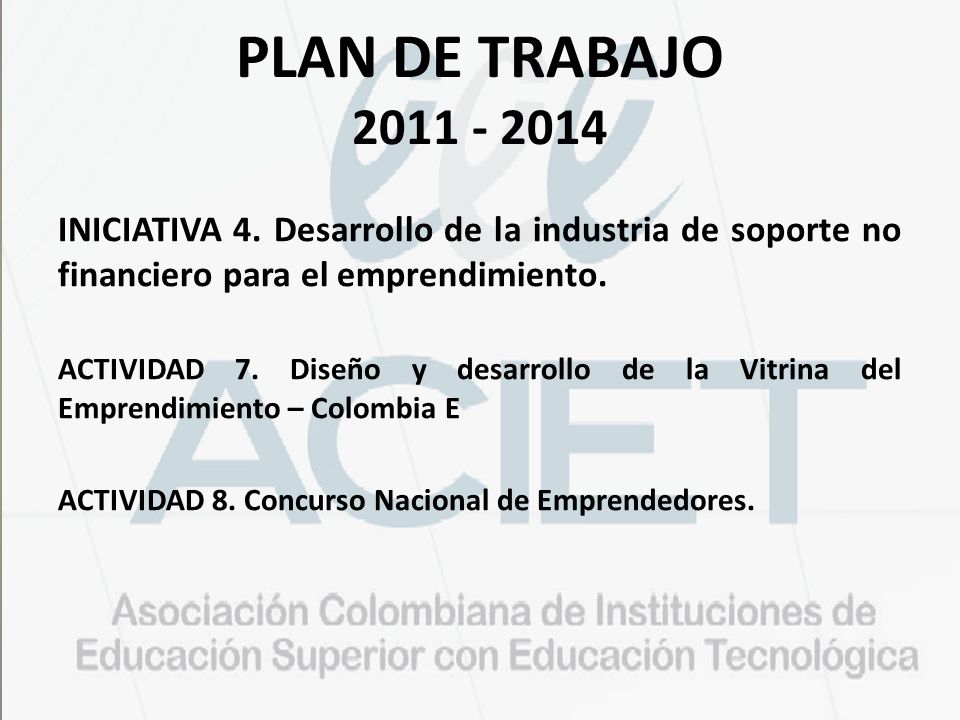 PLAN DE TRABAJO INICIATIVA 4. Desarrollo de la industria de soporte no financiero para el emprendimiento.
