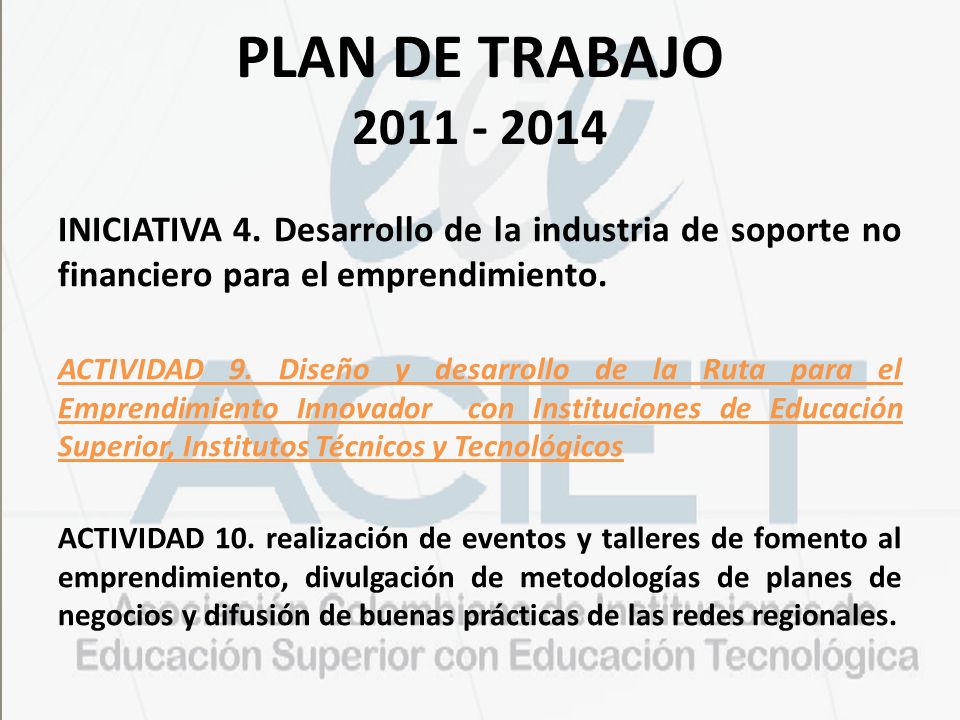 PLAN DE TRABAJO INICIATIVA 4. Desarrollo de la industria de soporte no financiero para el emprendimiento.
