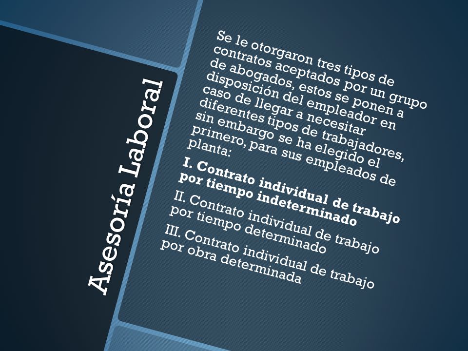 Se le otorgaron tres tipos de contratos aceptados por un grupo de abogados, estos se ponen a disposición del empleador en caso de llegar a necesitar diferentes tipos de trabajadores, sin embargo se ha elegido el primero, para sus empleados de planta: