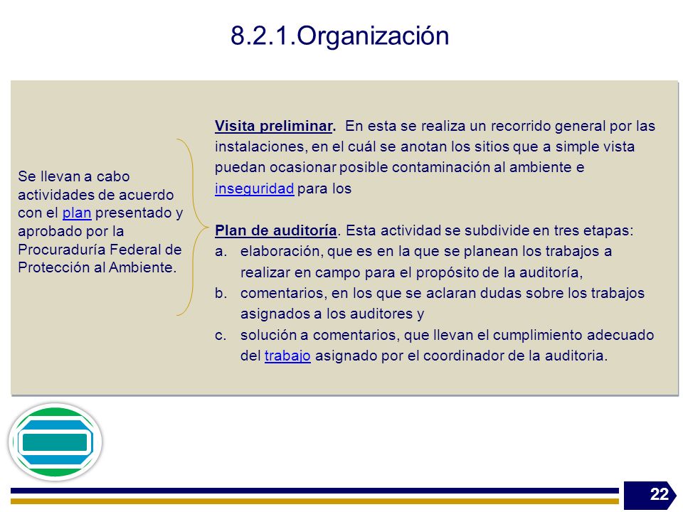 8.2.1.Organización Se llevan a cabo actividades de acuerdo con el plan presentado y aprobado por la Procuraduría Federal de Protección al Ambiente.