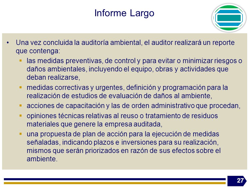Informe Largo Una vez concluida la auditoría ambiental, el auditor realizará un reporte que contenga: