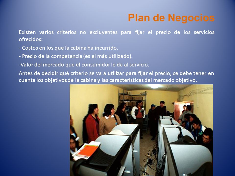 Plan de Negocios Existen varios criterios no excluyentes para fijar el precio de los servicios ofrecidos: