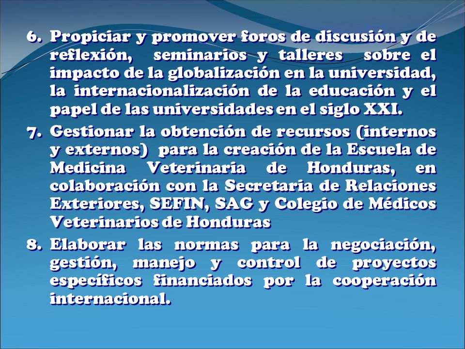 Propiciar y promover foros de discusión y de reflexión, seminarios y talleres sobre el impacto de la globalización en la universidad, la internacionalización de la educación y el papel de las universidades en el siglo XXI.