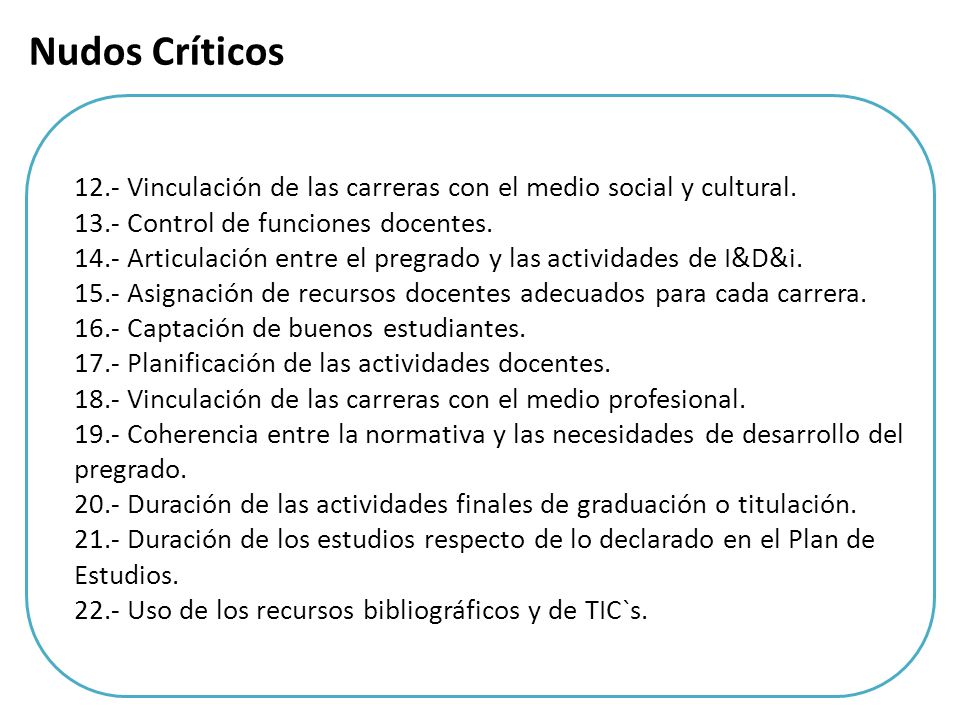 Nudos Críticos 12.- Vinculación de las carreras con el medio social y cultural Control de funciones docentes.