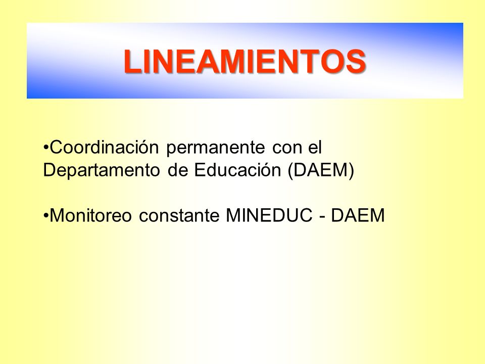 LINEAMIENTOS Coordinación permanente con el Departamento de Educación (DAEM) Monitoreo constante MINEDUC - DAEM.